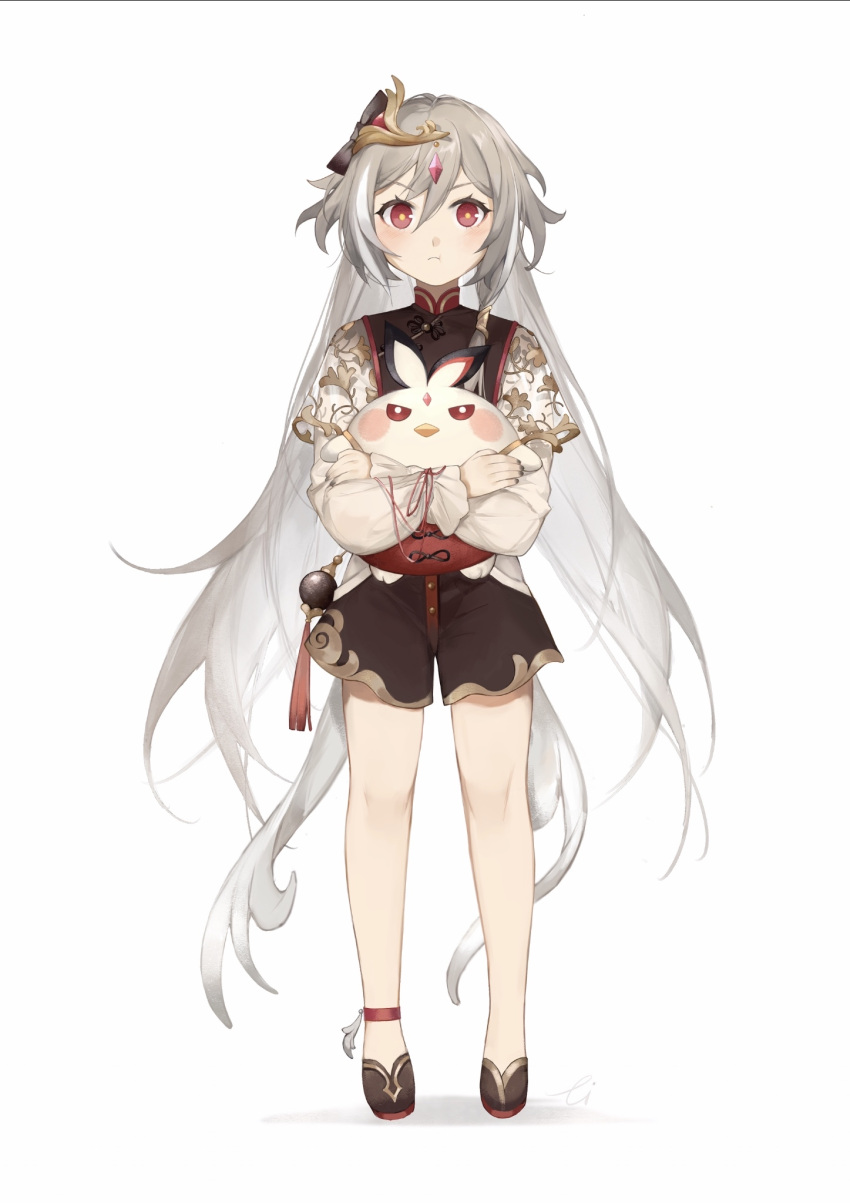 1girl animal ankleband bangs bird black_nails brown_footwear chicken chinese_clothes fu_hua fu_hua_(herrscher_of_sentience) full_body grey_hair hair_between_eyes hair_ornament highres holding holding_animal honkai_(series) honkai_impact_3rd lizi_(st3648) long_hair long_sleeves looking_at_viewer multicolored_hair pout red_eyes shoes short_sleeves simple_background solo standing streaked_hair v-shaped_eyebrows white_background younger