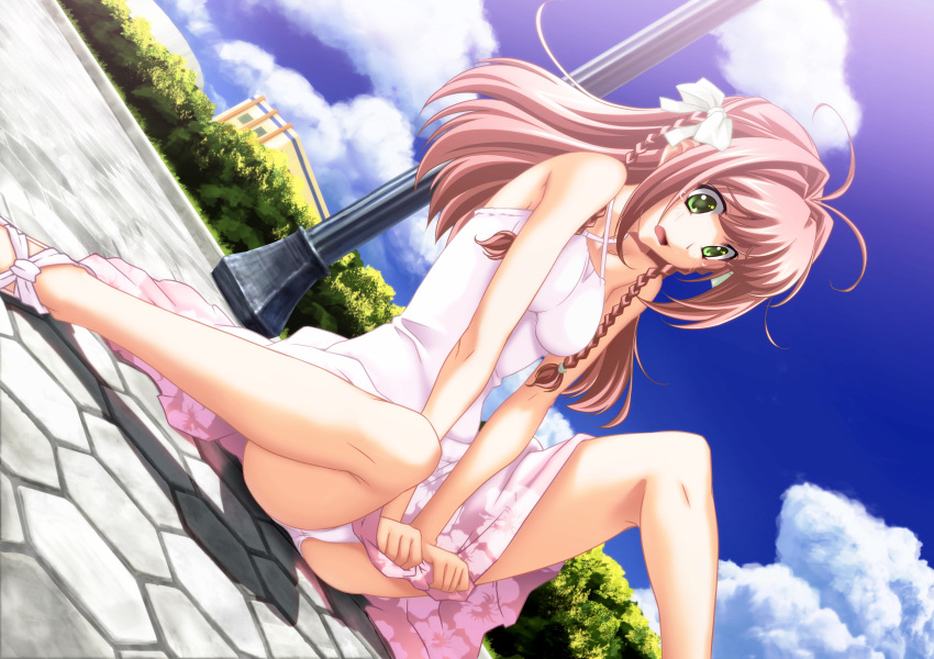 1girl ahoge blue_sky bou bow braid breasts brown_hair cloud collarbone criss-cross_halter day dress dress_tug dutch_angle embarrassed eyebrows_visible_through_hair game_cg green_eyes hair_bow hair_intakes halterneck hibiscus_print highres long_hair medium_breasts muvluv muvluv_altered_fable official_art open_mouth outdoors panties print_dress shiny shiny_hair short_dress sitting sky sleeveless sleeveless_dress solo sundress suzumiya_haruka tears underwear very_long_hair white_bow white_dress white_panties
