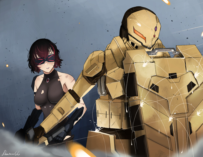 1girl aegis_(girls'_frontline) alternate_color armor black_hair blood breasts bullet_trail commission cuts darkpulsegg deflect embers firing girls'_frontline gradient_hair highres injury medium_breasts multicolored_hair parted_lips red_hair ripper_(girls'_frontline) robot sangvis_ferri scratches shield short_hair streaked_hair torn_clothes