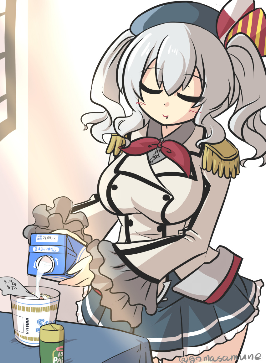 1girl absurdres beret black_headband blush breasts carton closed_mouth collared_shirt cowboy_shot drooling epaulettes eyebrows_visible_through_hair goma_(gomasamune) grey_shirt grey_skirt hair_between_eyes hat hat_ribbon headband highres holding holding_carton jacket kantai_collection kashima_(kancolle) kerchief long_hair long_sleeves military military_uniform milk pleated_skirt red_neckwear ribbon shirt silver_hair skirt sleepy smile solo twintails twitter_username uniform white_jacket