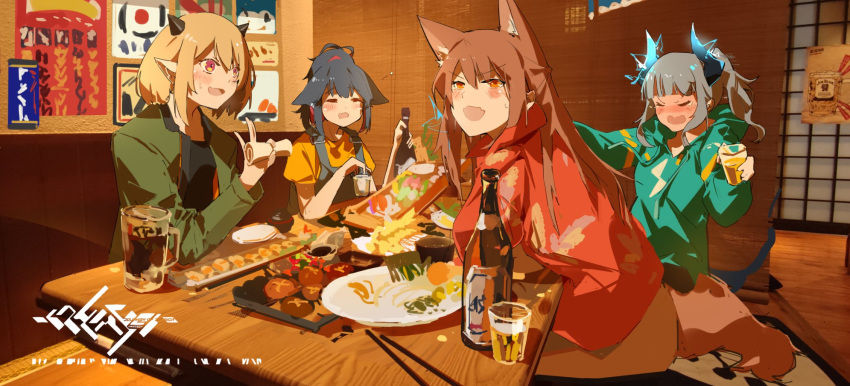 4girls alcohol alternate_costume animal_ears arknights beer beer_bottle beer_mug blacksteel_worldwide_(arknights) blush bowl cat_ears cat_girl chopsticks cup dragon_girl dragon_horns drunk electricity food fox_ears fox_girl fox_tail franka_(arknights) highres hood hooded_jacket horns jacket jessica_(arknights) liskarm_(arknights) mug multiple_girls originium_arts_(arknights) plate restaurant shinnasuka025 sushi tail vanilla_(arknights)