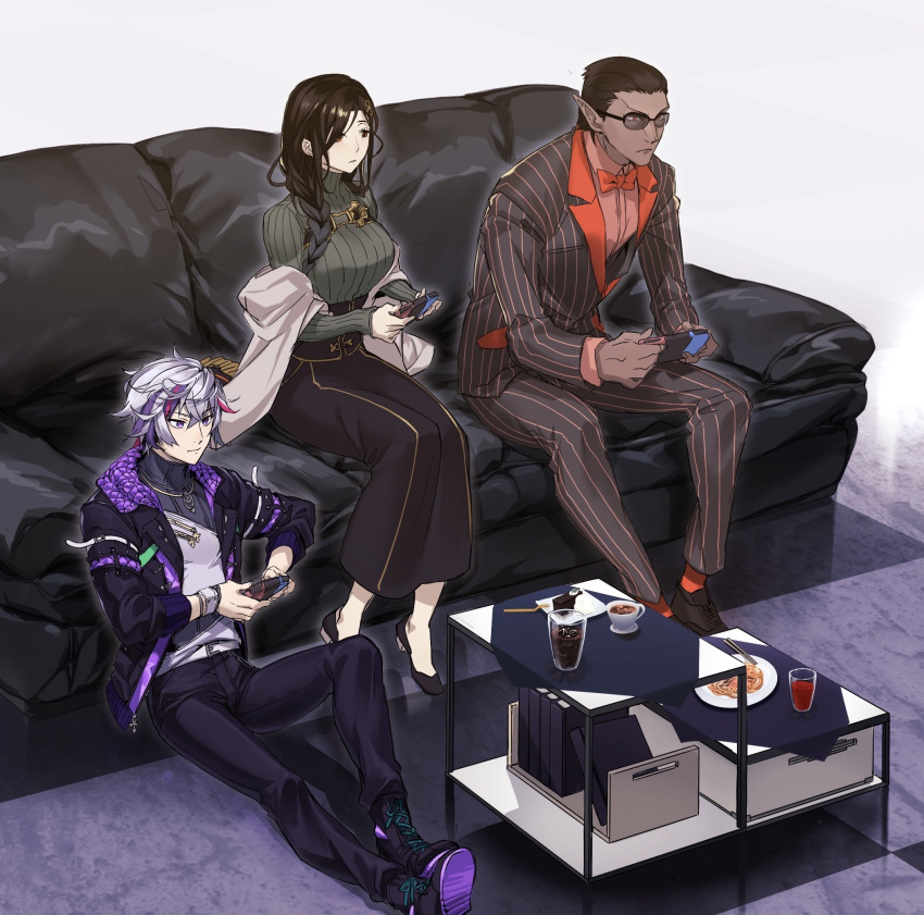 1girl 2boys black_hair black_pants bow bowtie braid chopsticks collared_shirt controller cup dark-skinned_male dark_skin formal fuwa_minato green_sweater gwelu_os_gar hair_behind_ear highres holding holding_controller jip joy-con long_hair multicolored_hair multiple_boys nijisanji orange_shirt pants pinstripe_pattern pinstripe_suit plate pointy_ears purple_eyes purple_hair purple_sweater red_eyes red_neckwear ribbed_sweater shirayuki_tomoe shirt silver_hair streaked_hair striped suit sweater turtleneck turtleneck_sweater virtual_youtuber