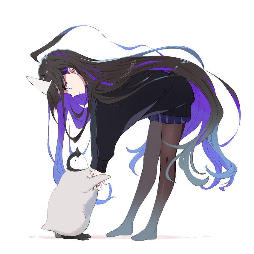 1girl animal bent_over bird black_hair black_sweater blue_skirt brown_legwear closed_mouth from_side full_body highres long_sleeves looking_away looking_down multicolored_hair no_shoes original pantyhose penguin pleated_skirt profile puffy_long_sleeves puffy_sleeves purple_eyes purple_hair shadow skirt sleeves_past_wrists smile solo sweater tama_(tama-s) triangular_headpiece two-tone_hair white_background white_headwear yurako-san_(tama)