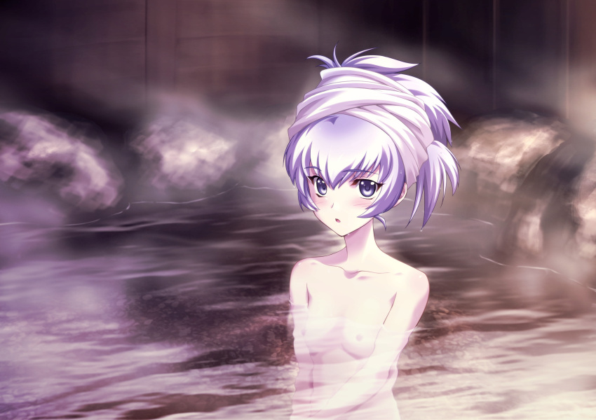 1girl bangs blue_eyes blush bou breasts collarbone completely_nude eyebrows_visible_through_hair game_cg hair_between_eyes highres muvluv muvluv_altered_fable nipples nude official_art onsen open_mouth partially_submerged silver_hair small_breasts solo steam tied_hair towel towel_on_head yashiro_kasumi