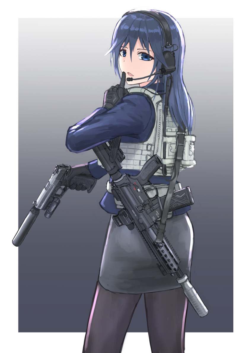 1girl absurdres acog assault_rifle belt blue_eyes blue_hair body_armor bulletproof_vest d-sawa613 eotech finger_to_mouth gloves gun h&amp;k_hk416 h&amp;k_usp handgun headset highres holding holding_gun holding_weapon laser_pointer long_hair looking_at_viewer looking_back microphone original pantyhose pistol plate_carrier rifle shushing skirt sling solo suppressor weapon weapon_request