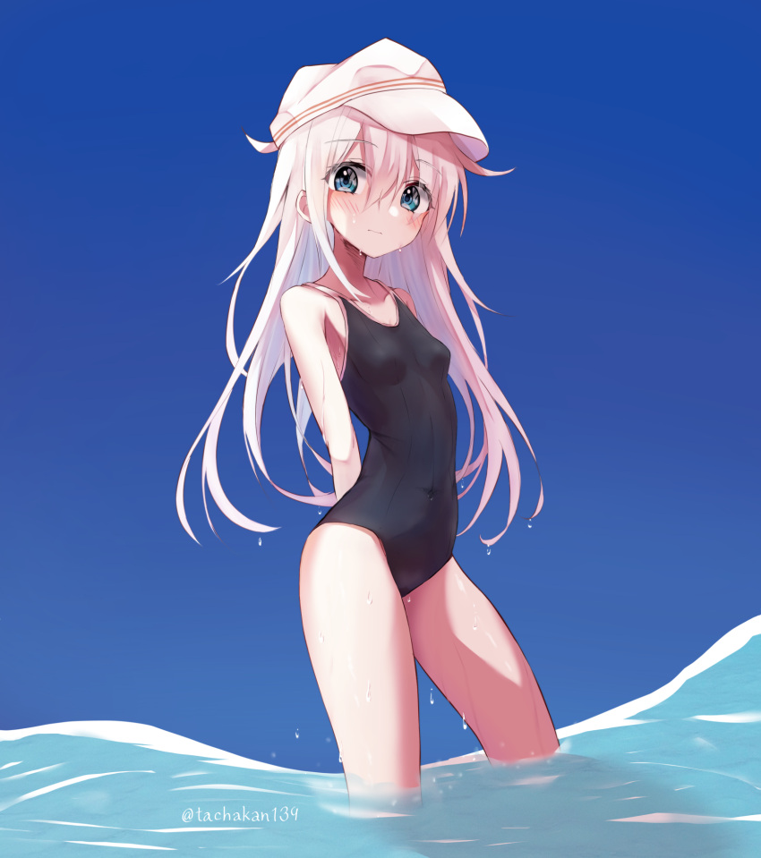1girl bare_arms bare_legs bare_shoulders black_swimsuit blue_eyes blush breasts closed_mouth collarbone eyebrows_visible_through_hair hair_between_eyes hibiki_(kancolle) highres kantai_collection long_hair one-piece_swimsuit silver_hair small_breasts solo swimsuit tachakan twitter_username verniy_(kancolle) wet white_headwear