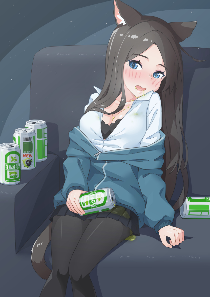 1girl @_@ absurdres aina_(mao_lian) alcohol animal_ear_fluff animal_ears beer beer_can black_bra black_skirt blue_eyes blue_jacket blush bra bra_peek breasts brown_hair can cat_ears cat_tail cleavage collared_shirt couch drooling drunk grey_legwear highres jacket long_hair long_sleeves looking_at_viewer mao_lian_(nekokao) medium_breasts miniskirt on_couch original pantyhose pleated_skirt shirt sitting skirt smile solo spilling tail translation_request underwear white_shirt wing_collar