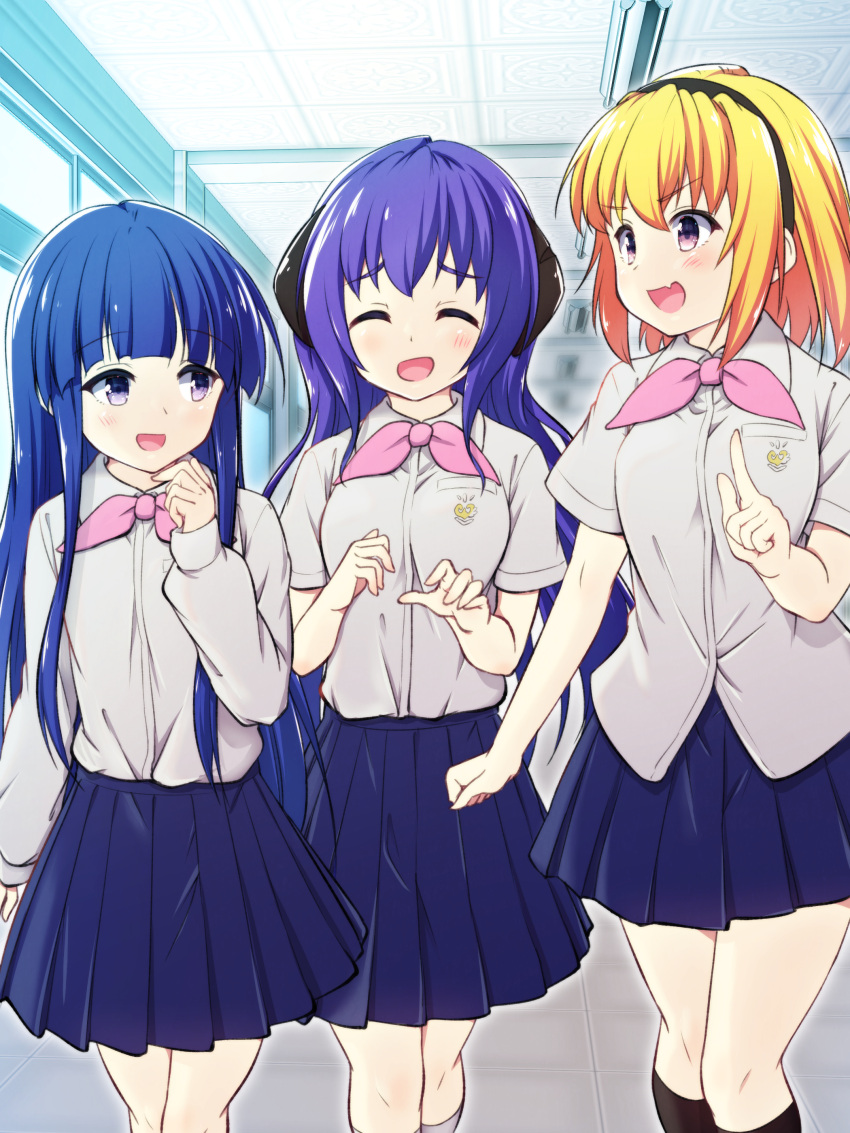 3girls absurdres bangs blonde_hair blue_hair blue_skirt blunt_bangs closed_eyes commentary_request fang furude_rika hairband hallway hand_to_own_mouth hanyuu hazumi_otoya highres higurashi_no_naku_koro_ni horns houjou_satoko indoors long_hair multiple_girls older open_mouth pointing purple_eyes purple_hair school_uniform shirt short_hair skirt smile white_shirt window