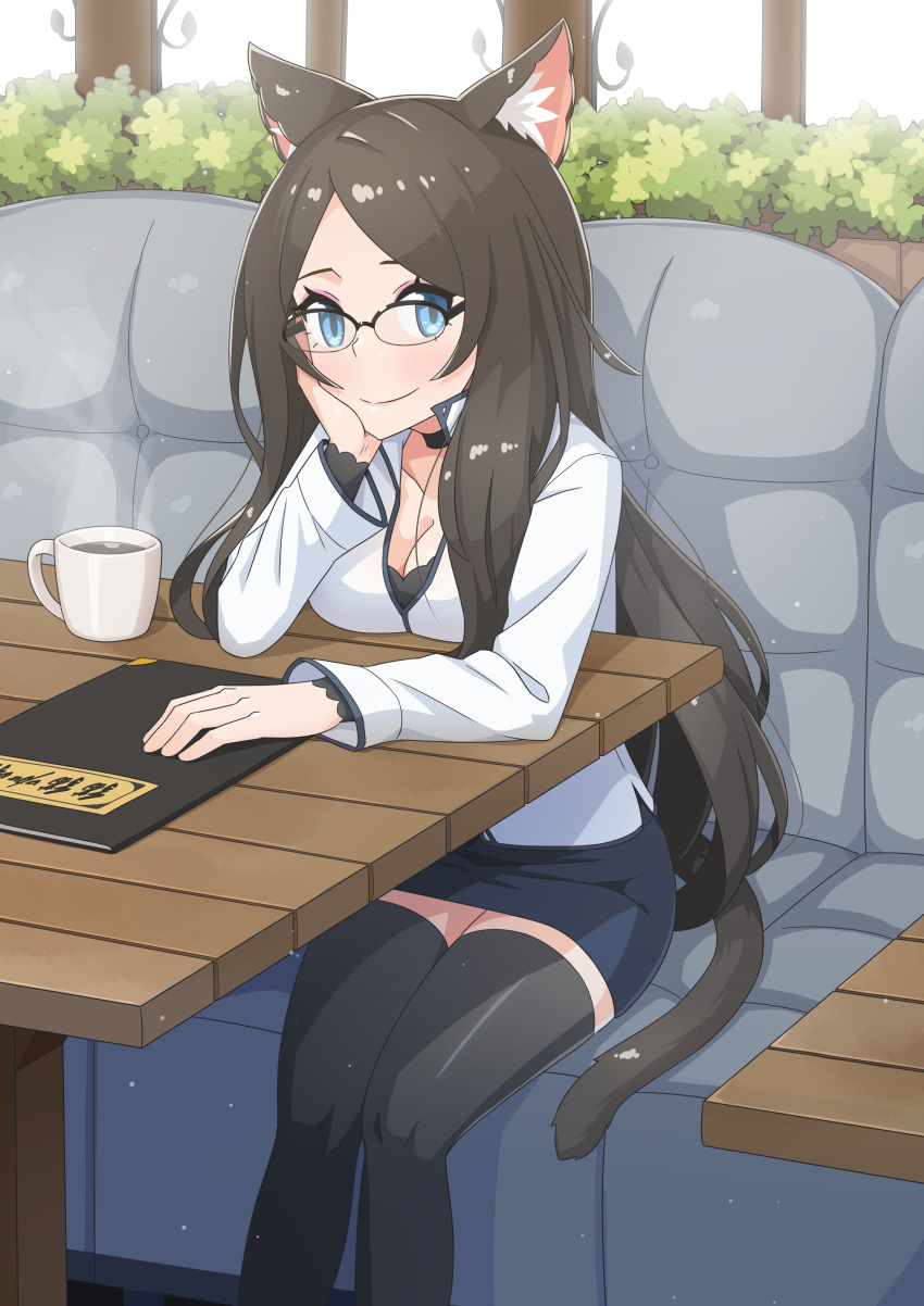 1girl absurdres aina_(mao_lian) animal_ear_fluff animal_ears arms_on_table bangs black-framed_eyewear black_bra black_collar black_hair black_legwear blue_eyes blue_skirt blush bra bra_peek breasts cat_ears cat_girl cat_tail cleavage closed_mouth collar collared_shirt commentary cup day eyebrows_visible_through_hair glasses hand_on_own_cheek hand_on_own_face highres indoors long_hair long_sleeves looking_at_viewer mao_lian_(nekokao) medium_breasts menu miniskirt mug original shirt sidelocks sitting skirt smile solo sparkle steam swept_bangs table tail tapping_finger thighhighs underwear very_long_hair white_shirt zettai_ryouiki