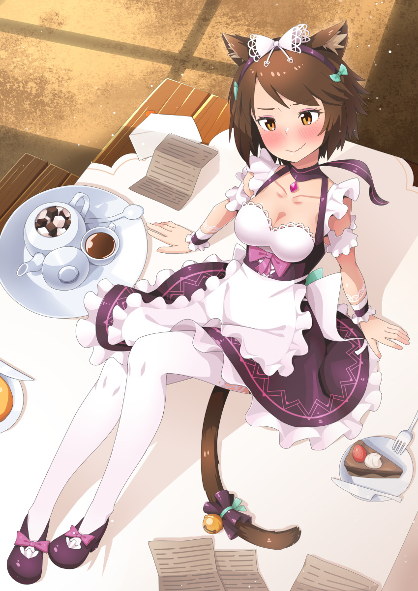 1girl absurdres animal_ears apron arm_support blue_bow blush bow breasts brown_eyes brown_hair cake cake_slice cat_ears cat_tail cleavage closed_mouth cup food footwear_bow fork from_above full_body hair_bow hairband highres knife maid mao_lian_(nekokao) medium_breasts pink_bow plate purple_footwear purple_skirt reclining sdorica shoes short_hair sitting skirt smile solo suspender_skirt suspenders tail tea teacup teapot thighhighs white_apron white_legwear