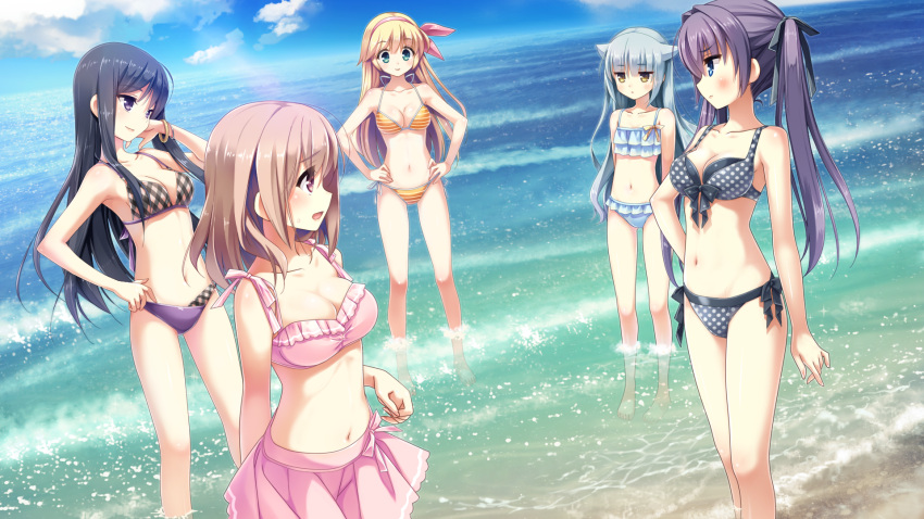 5girls bangs beach bikini bikini_skirt black_hair black_ribbon blonde_hair blue_bikini blue_eyes bow bow_hairband bracelet breasts brown_eyes brown_hair cleavage collarbone day eyebrows_visible_through_hair floating_hair frilled_bikini frills front-tie_bikini front-tie_top game_cg grey_bikini hair_bow hair_ribbon hairband halterneck hands_on_hips highres jewelry kanekiyo_miwa kurano_kun_chi_no_futago_jijou long_hair mamiya_moeri mamiya_nekoto mamiya_tamane mamiya_yakumo medium_breasts mismatched_bikini multiple_girls navel ocean official_art outdoors pink_bikini pink_bow pink_hairband pink_skirt plaid plaid_bikini pleated_skirt polka_dot polka_dot_bikini purple_eyes purple_hair ribbon shijouin_ririka shiny shiny_hair side-tie_bikini silver_hair skirt straight_hair striped striped_bikini summer swimsuit twintails wading yellow_bikini