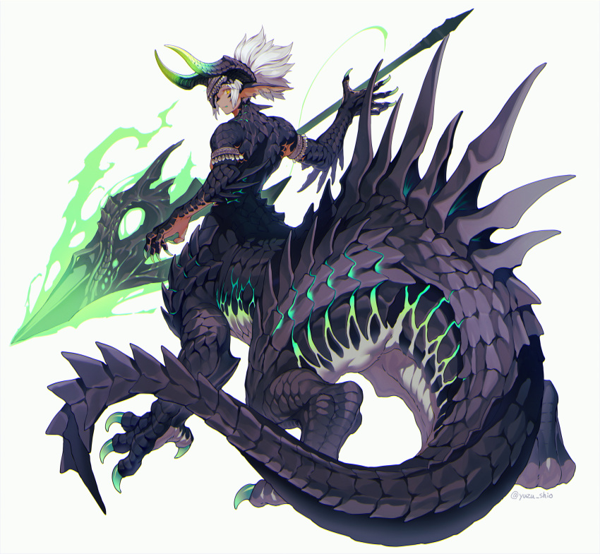 1boy armlet centauroid claws commentary_request dragon_boy dragon_horns dragon_tail full_body highres horns long_pointy_ears looking_at_viewer male_focus monster_boy notched_ear original pointy_ears polearm scales signature solo spear spines tail taur tongue tongue_out weapon white_background white_hair yellow_eyes yuzu_shio
