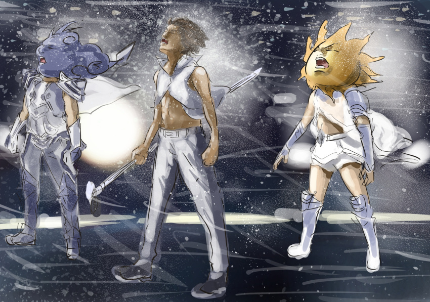 1boy brown_hair cacomistle_(artist) cloud commentary_request highres jacket necktie north_wind_and_the_sun open_mouth short_hair standing sun t.m.revolution white_breath_(t.m.revolution) wind