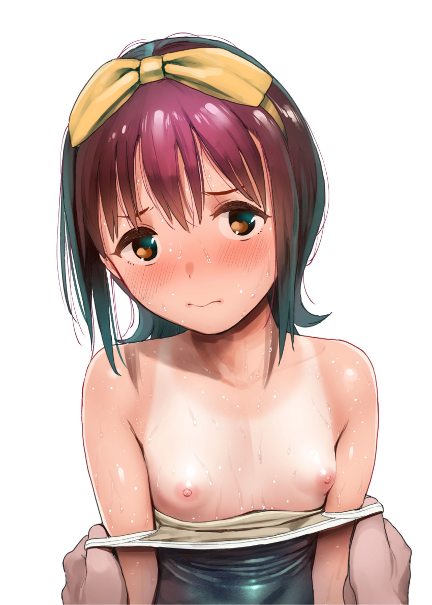 1boy 1girl black_swimsuit blush breasts brown_eyes closed_mouth clothes_pull commentary_request eyebrows_visible_through_hair hair_ribbon highres looking_at_viewer nipples one-piece_swimsuit one-piece_tan original pulled_by_another purple_hair ribbon school_swimsuit shiden_(sashimi_no_wife) short_hair small_breasts solo_focus strap_slip swimsuit swimsuit_pull tan tanlines undressing upper_body wet