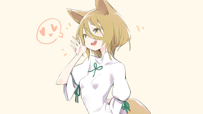1girl animal_ears bangs blonde_hair bow breasts commentary_request eyebrows_visible_through_hair fox_ears fox_tail green_bow hair_between_eyes heart highres jumpsuit kawayabug kudamaki_tsukasa looking_to_the_side open_mouth pink_heart puffy_short_sleeves puffy_sleeves short_hair short_sleeves simple_background small_breasts smile solo tail touhou upper_body white_jumpsuit white_sleeves yellow_background yellow_eyes
