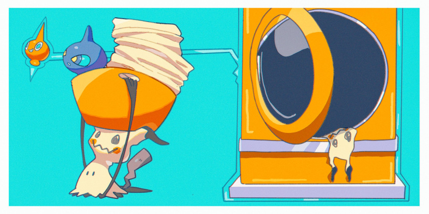 basket black_eyes border clothes commentary_request film_grain gen_3_pokemon gen_4_pokemon gen_7_pokemon green_background highres holding laundry laundry_basket mimikyu pokemon pokemon_(creature) rag rotom rotom_(normal) saiku_(zvlku) shuppet standing washing_machine white_border