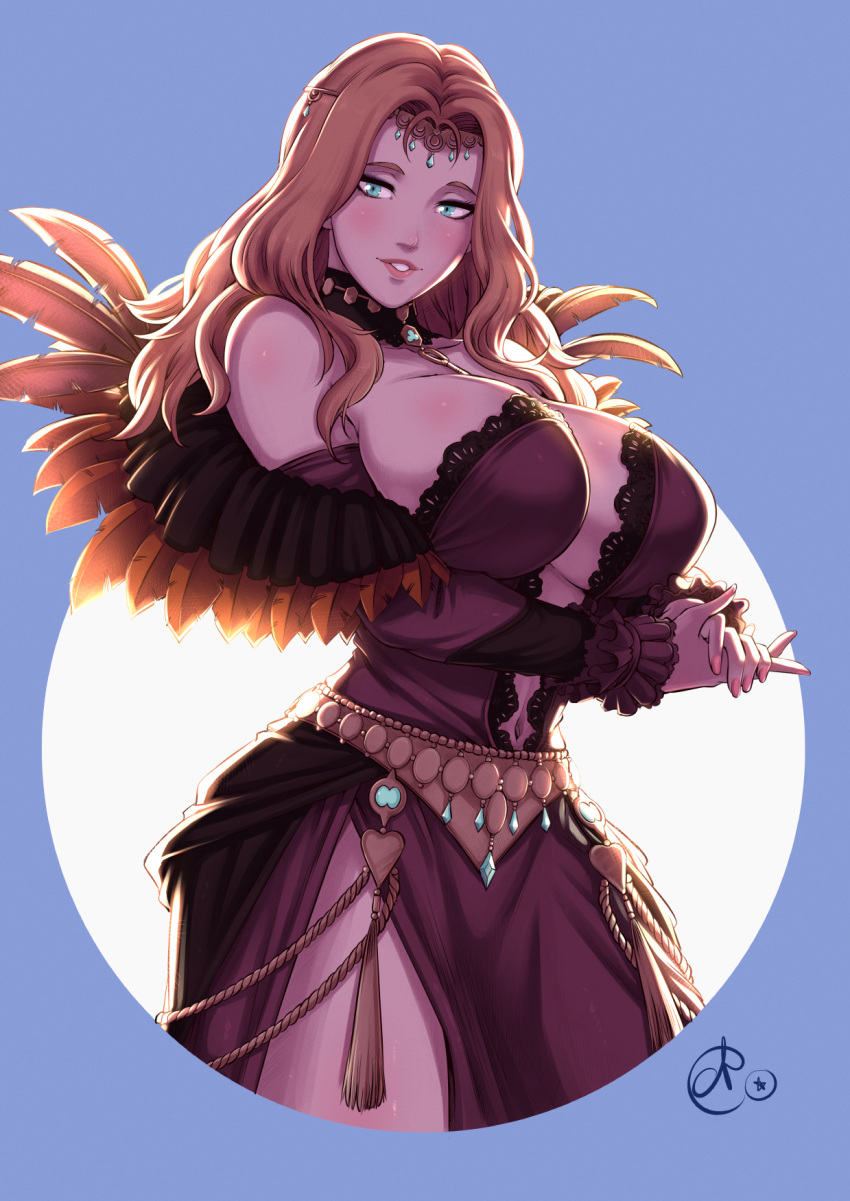 1girl benoit_picard blush body_blush breasts circlet cornelia_arnim curvy dress eyelashes feather_trim fire_emblem fire_emblem:_three_houses gorget green_eyes highres lace-trimmed_dress lace_trim large_breasts lips long_hair looking_at_viewer nail_polish navel off-shoulder_dress off_shoulder orange_hair plunging_neckline red_dress sideboob signature solo tassel thighs wavy_hair