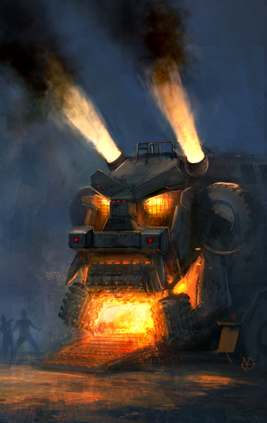 2others ambiguous_gender concept_art dyatomi fire ground_vehicle highres multiple_others night outdoors smoke twisted_metal vehicle_focus watermark