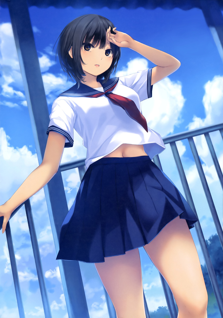 1girl absurdres aoyama_sumika cloud coffee-kizoku highres navel non-web_source original pleated_skirt railing school_uniform serafuku skirt sky solo