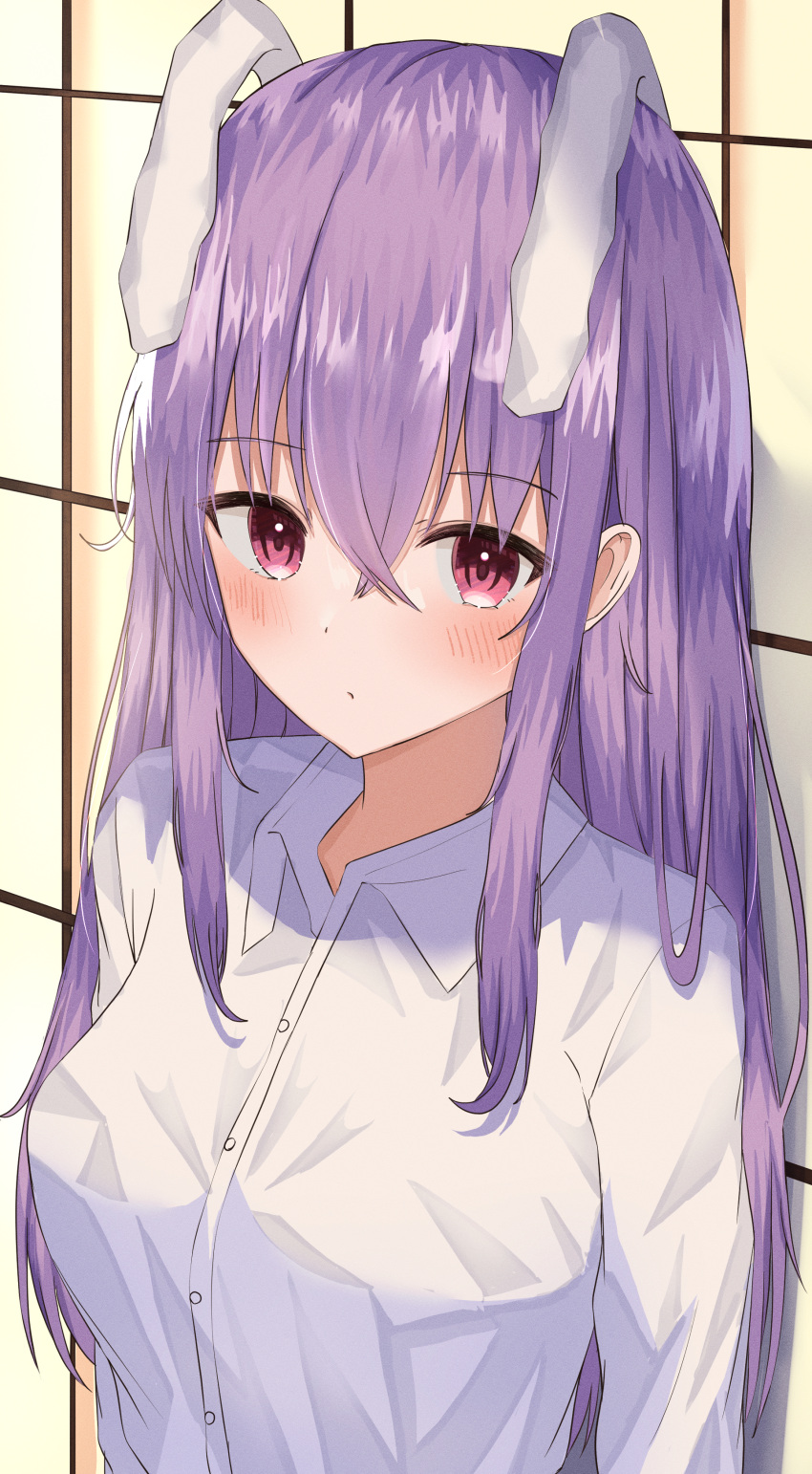 1girl absurdres animal_ears aohane bangs blush breasts closed_mouth collared_shirt commentary_request crossed_bangs extra_ears eyebrows_visible_through_hair hair_between_eyes highres large_breasts looking_at_viewer purple_eyes purple_hair rabbit_ears reisen_udongein_inaba revision shirt solo touhou upper_body wall white_shirt wing_collar