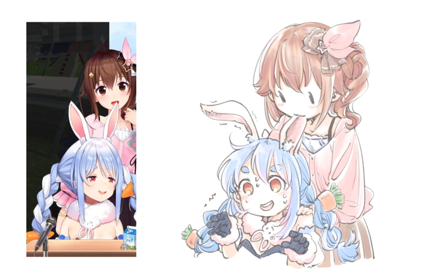 2girls :d animal_ear_fluff animal_ears bangs biting black_gloves blue_hair bow braid brown_hair carrot_hair_ornament commentary don-chan_(usada_pekora) ds_(ndsl) ear_biting eyebrows_visible_through_hair food-themed_hair_ornament gloves hair_bow hair_ornament hand_on_another's_shoulder hololive long_hair minecraft multicolored_hair multiple_girls open_mouth pink_shirt rabbit_ears red_eyes reference_inset shirt side_ponytail simple_background smile streaked_hair sweatdrop symbol-only_commentary thick_eyebrows tokino_sora twin_braids two-tone_hair usada_pekora virtual_youtuber white_background white_hair |_| ||_||