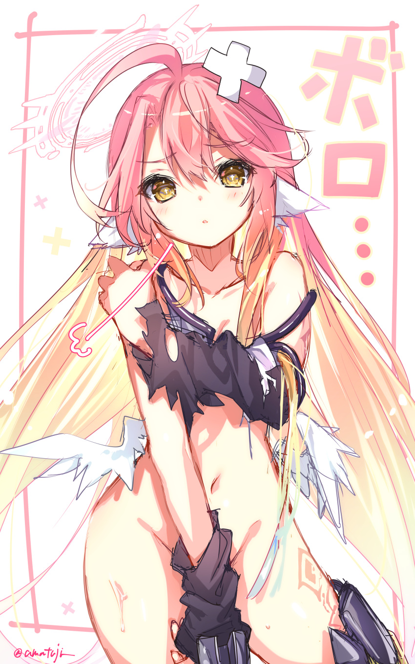 1girl =3 absurdres age_regression ahoge amatsuji angel_wings bandaged_head bandages bangs bare_shoulders blush border collarbone commentary_request covering covering_chest covering_crotch cowboy_shot detached_sleeves eyebrows_visible_through_hair feathered_wings gradient_hair groin hair_between_eyes halo highres jibril_(no_game_no_life) leg_tattoo long_hair looking_at_viewer low_wings multicolored_hair navel no_game_no_life parted_lips pink_border pink_hair shirt sidelocks solo stomach sweat tattoo torn_clothes torn_shirt torn_sleeves twitter_username very_long_hair white_background white_wings wing_ears wings yellow_eyes younger