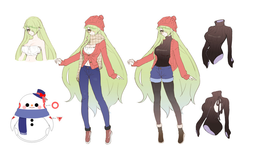 1girl beanie blush breasts bugie character_sheet coat commission commissioner_upload del_(dendroai) denim green_eyes green_hair hat highres jeans large_breasts long_hair multiple_views navel original pants scarf shoes shorts snowman