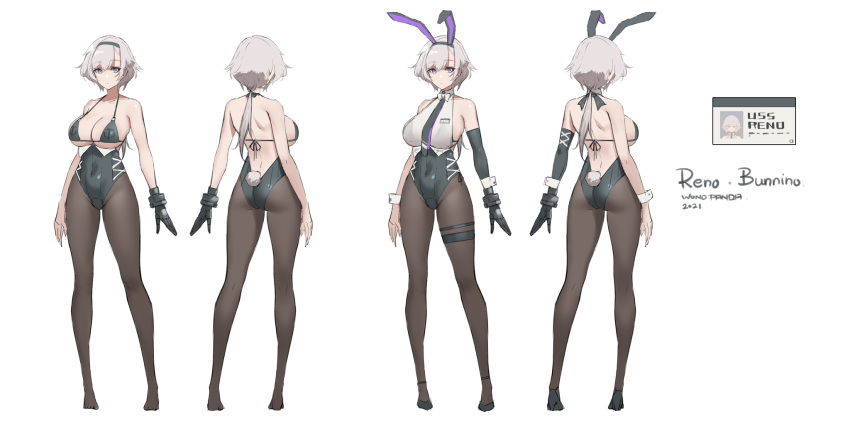 1girl animal_ears artist_name ass azur_lane backless_leotard bare_shoulders bikini black_bikini black_footwear black_legwear black_neckwear breasts concept_art fake_animal_ears fake_tail high_heels highres large_breasts mechanical_hands multiple_views necktie official_alternate_costume official_art pandea_work pantyhose playboy_bunny rabbit_ears rabbit_tail reno_(azur_lane) reno_(reno_bunnino)_(azur_lane) short_hair_with_long_locks simple_background single_mechanical_hand swimsuit tail thigh_strap white_background wrist_cuffs