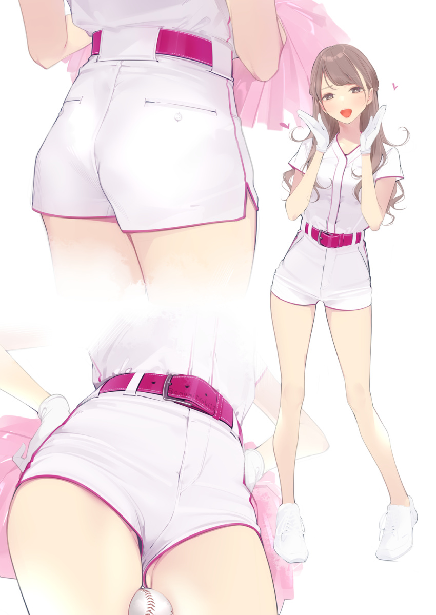1girl :d ama_mitsuki ass ass_visible_through_thighs bangs bare_legs baseball belt belt_buckle between_legs blonde_hair blush brown_eyes brown_hair buckle commentary_request full_body gloves hands_on_hips hands_up heart high-waist_shorts highres looking_at_viewer multicolored_hair multiple_views open_mouth original pink_shirt pom_pom_(cheerleading) revision shirt shoes short_sleeves simple_background smile sneakers standing streaked_hair swept_bangs two-tone_hair white_background white_footwear white_gloves