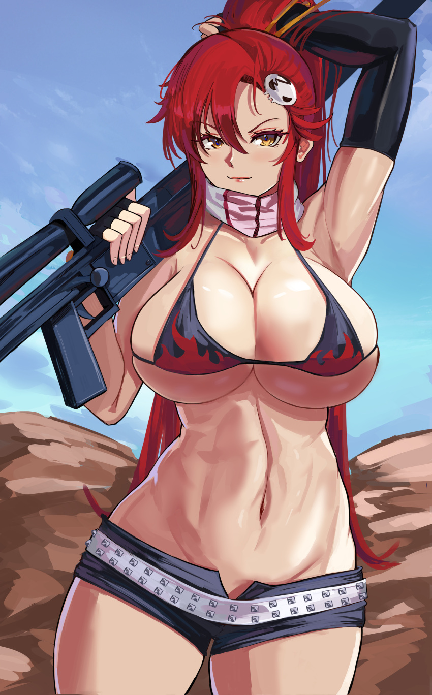 1girl absurdres anti-materiel_rifle arm_up armpits asymmetrical_gloves bangs bare_shoulders belt bikini bikini_top black_bikini black_gloves black_shorts blue_sky blush breasts cleavage closed_mouth collarbone cowboy_shot day elbow_gloves eyebrows_visible_through_hair fingerless_gloves flame_print gloves groin gun hair_between_eyes hair_ornament hair_stick high_ponytail highres holding holding_gun holding_weapon large_breasts long_hair looking_at_viewer loooyd micro_shorts navel open_fly over_shoulder ponytail red_hair rifle scarf shorts sidelocks single_elbow_glove skull_hair_ornament sky smile sniper_rifle solo standing stomach studded_belt swimsuit tengen_toppa_gurren_lagann toned underboob weapon weapon_over_shoulder yellow_eyes yoko_littner zipper zipper_pull_tab