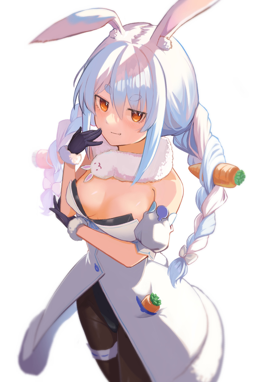 1girl animal_ear_fluff animal_ears black_gloves black_legwear black_leotard blue_hair blush braid breasts carrot_hair_ornament coat food-themed_hair_ornament fur-trimmed_coat fur_scarf fur_trim gloves hair_ornament highres hololive leotard leotard_under_clothes long_hair looking_at_viewer multicolored_hair orange_eyes pantyhose playboy_bunny rabbit_ears rabbit_girl scarf shinroji short_eyebrows simple_background small_breasts smirk solo standing strapless strapless_coat strapless_leotard thick_eyebrows thigh_strap twin_braids two-tone_hair usada_pekora virtual_youtuber white_background white_coat white_hair white_scarf