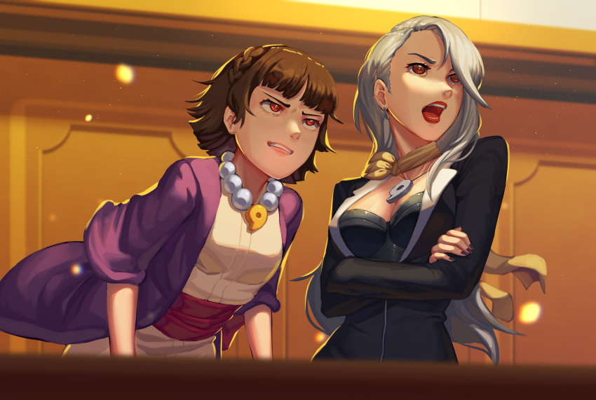 2girls absurdres alternate_costume ayasato_chihiro ayasato_chihiro_(cosplay) ayasato_mayoi ayasato_mayoi_(cosplay) barley_juice beads blazer braid breasts brown_hair cleavage commentary cosplay courtroom crossed_arms earrings formal grey_hair gyakuten_saiban hair_over_one_eye highres indoors jacket japanese_clothes jewelry lipstick long_hair long_sleeves magatama makeup multiple_girls nail_polish necklace niijima_makoto niijima_sae open_mouth persona persona_5 red_eyes red_lips sash scarf short_hair siblings sisters symbol-only_commentary teeth upper_body