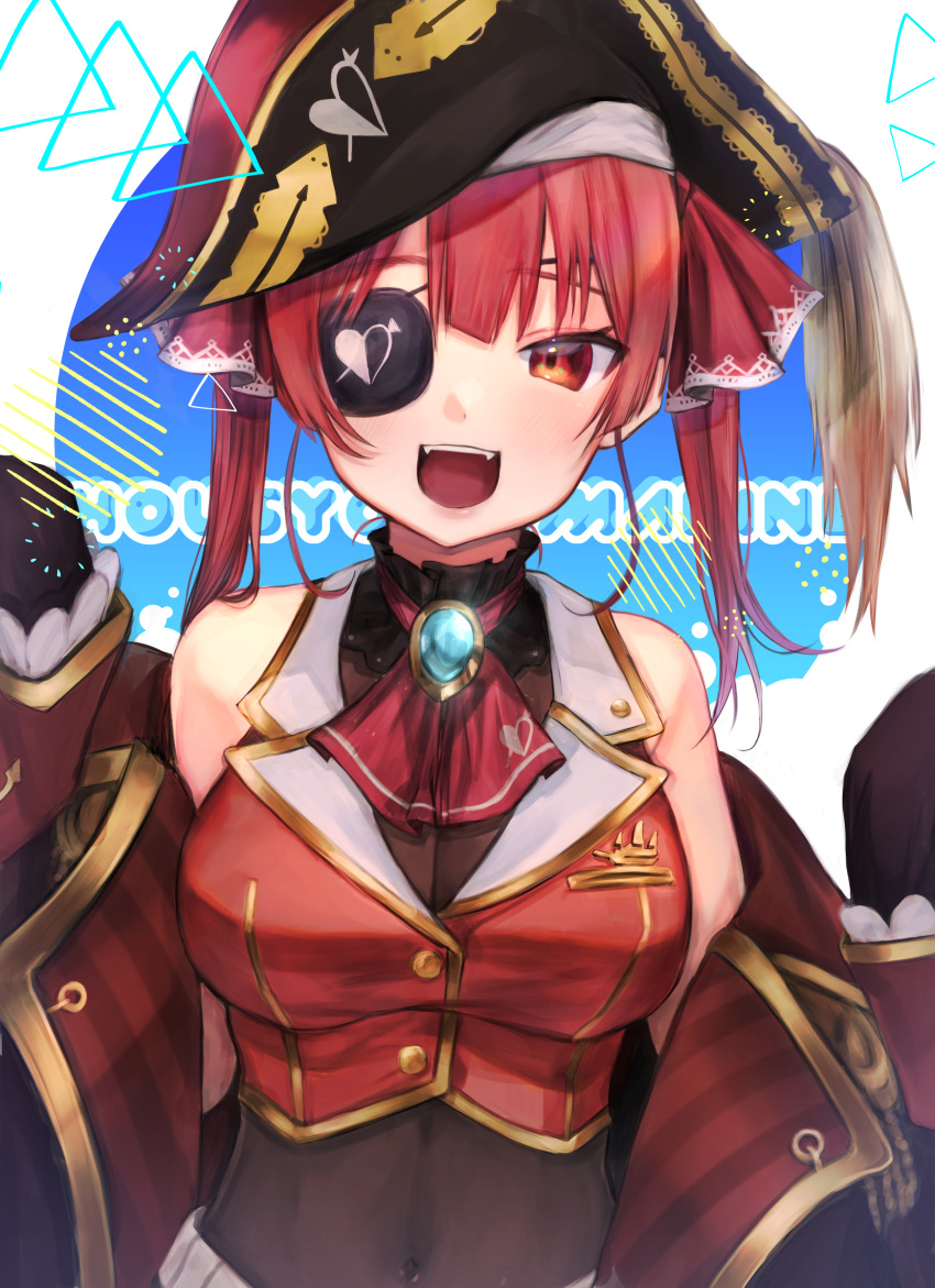 1girl :d absurdres arrow_through_heart ascot bicorne black_coat black_eyepatch black_headwear breasts brooch character_name coat covered_navel cropped_jacket eyepatch frilled_shirt_collar frills gold_trim hair_ribbon hat highres hololive houshou_marine jacket jewelry large_breasts leotard leotard_under_clothes long_hair looking_at_viewer midriff off_shoulder open_mouth pirate pirate_hat red_eyes red_hair red_jacket red_neckwear red_ribbon ribbon sheer_leotard sleeveless sleeveless_jacket smile solo twintails virtual_youtuber yokusou