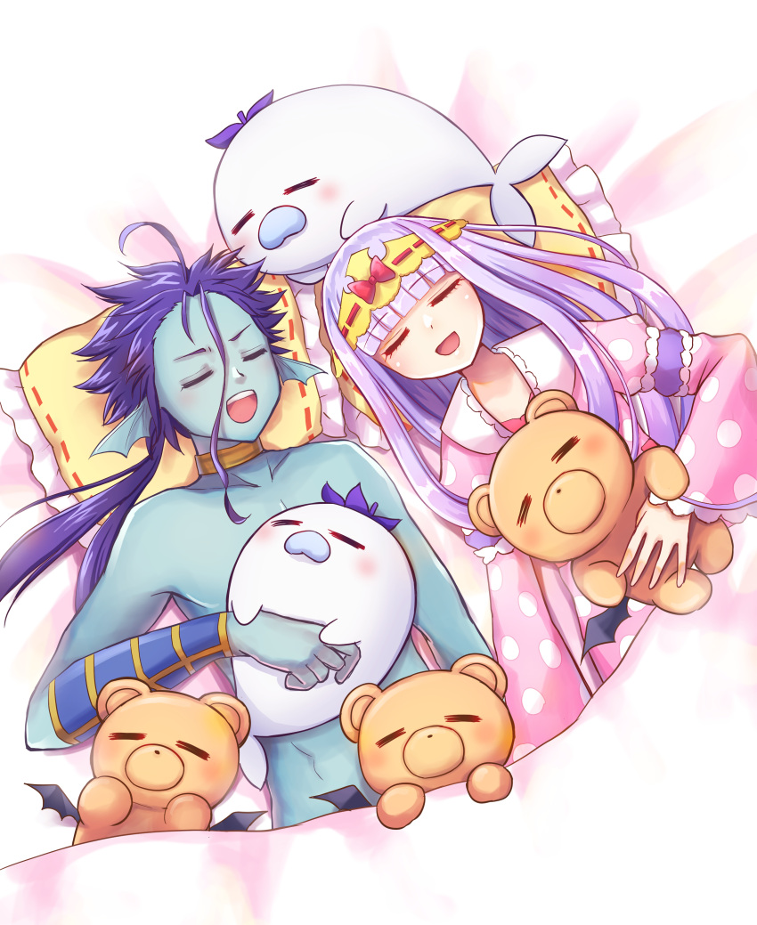 1boy 1girl :d absurdres ahoge aurora_sya_lis_kaymin blue_skin bracer colored_skin eggplant_seal highres long_hair lying maou-jou_de_oyasumi on_back open_mouth pajamas pillow polka_dot ponytail poseidon_(maou-jou_de_oyasumi) purple_hair ranchu000 smile teddy_demon under_covers