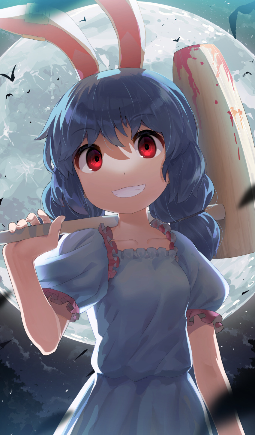 1girl ambiguous_red_liquid animal_ears bangs bat blue_hair blurry breasts collarbone depth_of_field eyebrows_visible_through_hair full_moon grin hand_up highres holding holding_mallet kine long_hair looking_at_viewer low-tied_long_hair mallet monosenbei moon night night_sky puffy_short_sleeves puffy_sleeves rabbit_ears red_eyes seiran_(touhou) short_sleeves sky small_breasts smile solo touhou upper_body