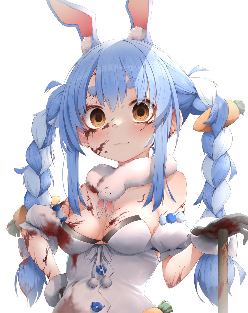 1girl :3 absurdres animal_ear_fluff animal_ears bare_shoulders black_gloves black_leotard blood blood_on_clothes blood_on_face blood_stain blue_hair blush braid breasts carrot_hair_ornament clothing_cutout coat detached_sleeves empty_eyes extra_ears food-themed_hair_ornament fur-trimmed_gloves fur_scarf fur_trim gloves hair_ornament hand_on_hip highres hikimayu hololive leotard leotard_under_clothes long_hair looking_at_viewer medium_breasts multicolored_hair orange_eyes pepushi_drow puffy_short_sleeves puffy_sleeves rabbit_ears rabbit_girl scarf short_eyebrows short_sleeves solo strapless_coat thick_eyebrows twin_braids twintails two-tone_hair underboob_cutout usada_pekora virtual_youtuber white_coat white_hair white_scarf white_sleeves