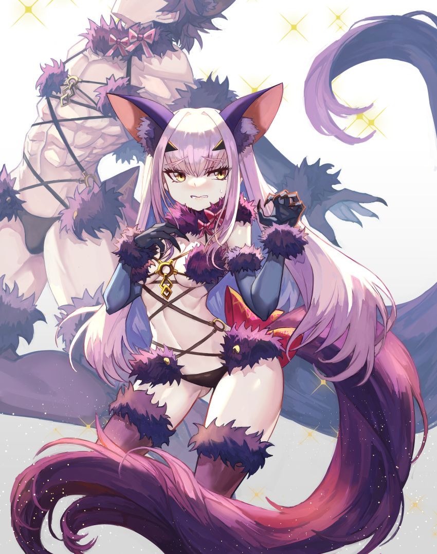 1boy 1girl abs absurdres animal_ears bangs bare_shoulders bow breasts brown_eyes cleavage cosplay david_lee elbow_gloves fairy_knight_lancelot_(fate) fate/grand_order fate_(series) fur-trimmed_gloves fur-trimmed_legwear fur_collar fur_trim gloves highres lace-trimmed_legwear lace_trim lancelot_(fate/grand_order) long_hair looking_at_viewer mash_kyrielight_(dangerous_beast) mash_kyrielight_(dangerous_beast)_(cosplay) navel o-ring purple_gloves purple_hair purple_legwear revealing_clothes short_hair sidelocks small_breasts sparkle tail thighs white_hair wolf_ears wolf_tail