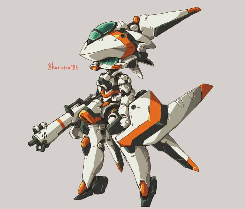 1girl canopy clenched_hand grey_background gun highres holding holding_gun holding_weapon kuruton486 mecha no_humans open_mouth original science_fiction solo standing twitter_username weapon