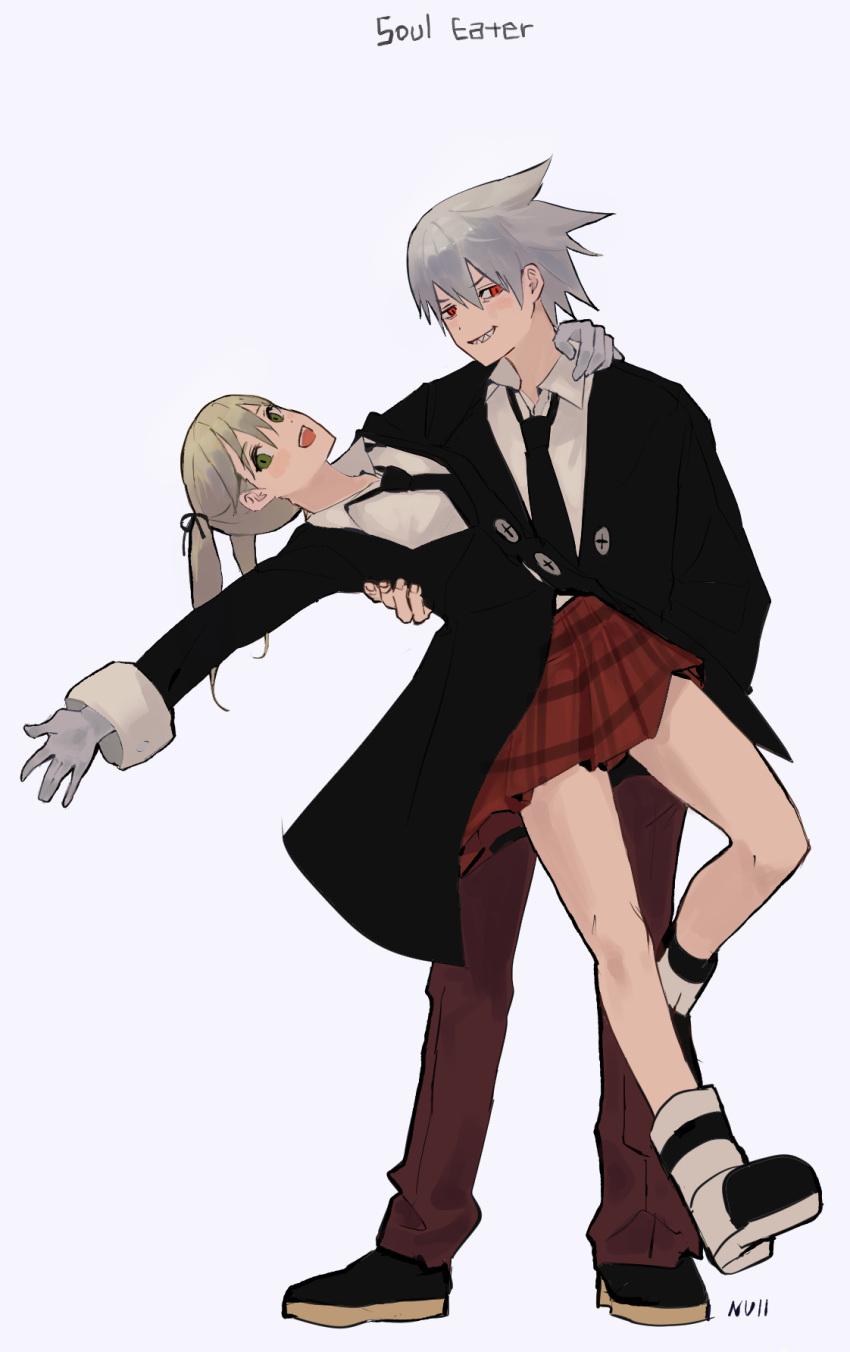 1boy 1girl arm_over_shoulder black_footwear black_neckwear black_ribbon black_suit blonde_hair blush copyright_name dancing formal gloves green_eyes grey_hair hair_between_eyes hair_ribbon highres long_hair maka_albarn necktie neckwear null_(skev7724) open_mouth pants parted_lips plaid plaid_skirt red_eyes red_pants red_skirt ribbon sharp_teeth signature skirt smile soul_eater soul_eater_(character) spiked_hair suit teeth upper_teeth white_gloves