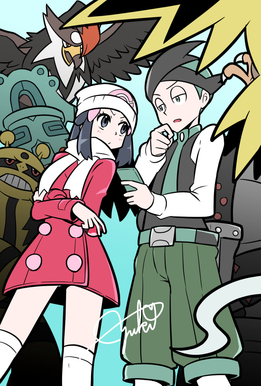 1boy 1girl beanie black_hair blue_background bronzong crossed_arms dawn_(pokemon) electivire green_hair hat highres holding holding_poke_ball looking_at_another poke_ball poke_ball_(basic) pokemon pokemon_(creature) pokemon_dppt pokemon_platinum registeel scarf signature simple_background staraptor thorton_(pokemon) white_scarf yuki_mura_1031 zapdos