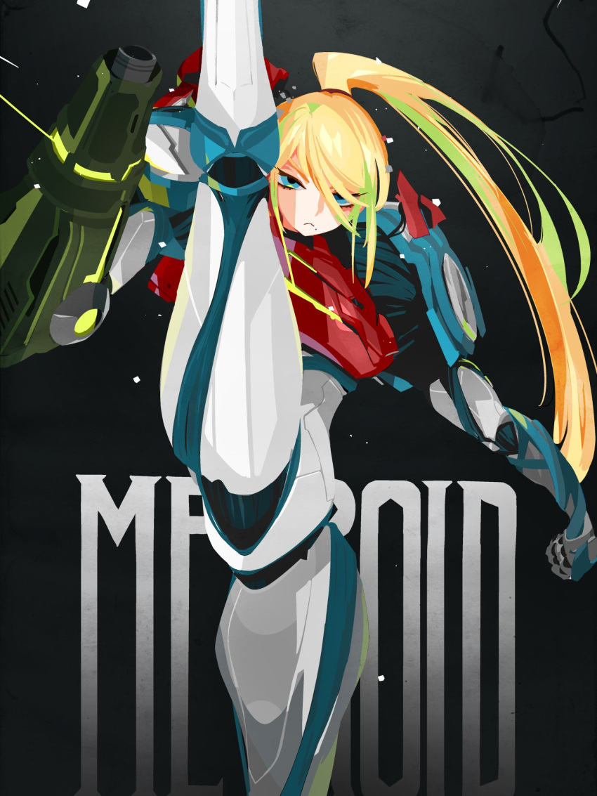 1girl arm_cannon armor axe_kick bangs blonde_hair blue_eyes glowing hair_ornament helmet highres kicking kuroi_moyamoya long_hair looking_at_viewer metroid metroid_dread mole mole_under_mouth ponytail power_armor samus_aran science_fiction sidelocks simple_background solo standing standing_on_one_leg upper_body varia_suit visor weapon