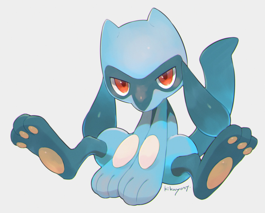 commentary_request full_body gen_4_pokemon hands_together highres kikuyoshi_(tracco) looking_at_viewer pokemon pokemon_(creature) red_eyes riolu signature sitting solo toes