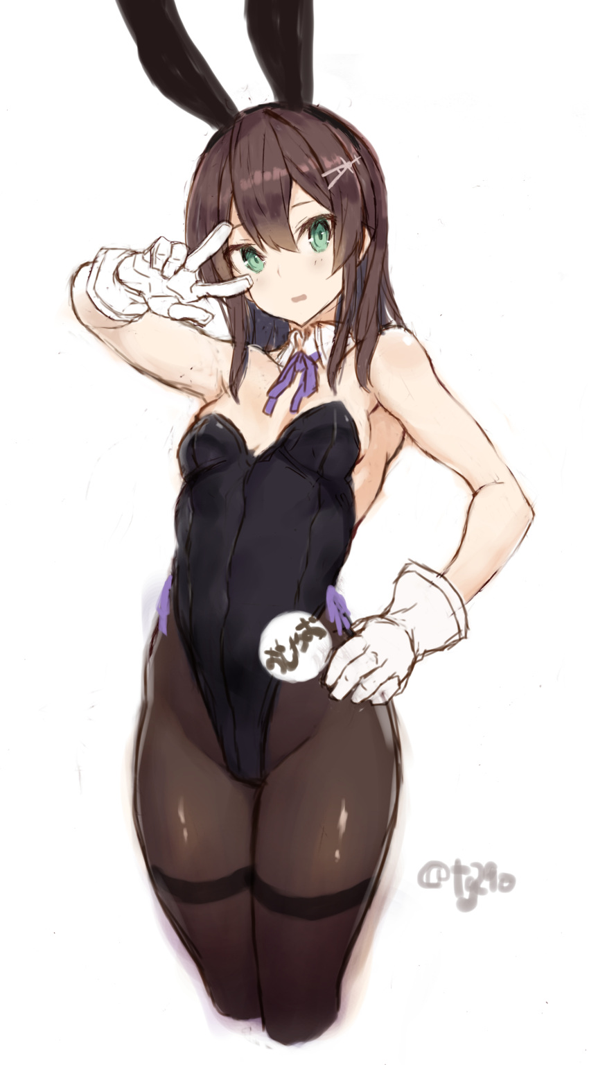 1girl absurdres animal_ears bangs black_hair black_legwear black_leotard blush breasts character_name cropped_legs detached_collar fake_animal_ears gloves green_eyes hair_ornament hairband hairclip hand_on_hip highleg highleg_leotard highres kantai_collection leotard long_hair neck_ribbon one-hour_drawing_challenge oyashio_(kancolle) pantyhose parted_lips playboy_bunny purple_neckwear rabbit_ears ribbon ryo_(tg290) simple_background sketch small_breasts solo thighband_pantyhose twitter_username w w_over_eye white_background white_gloves