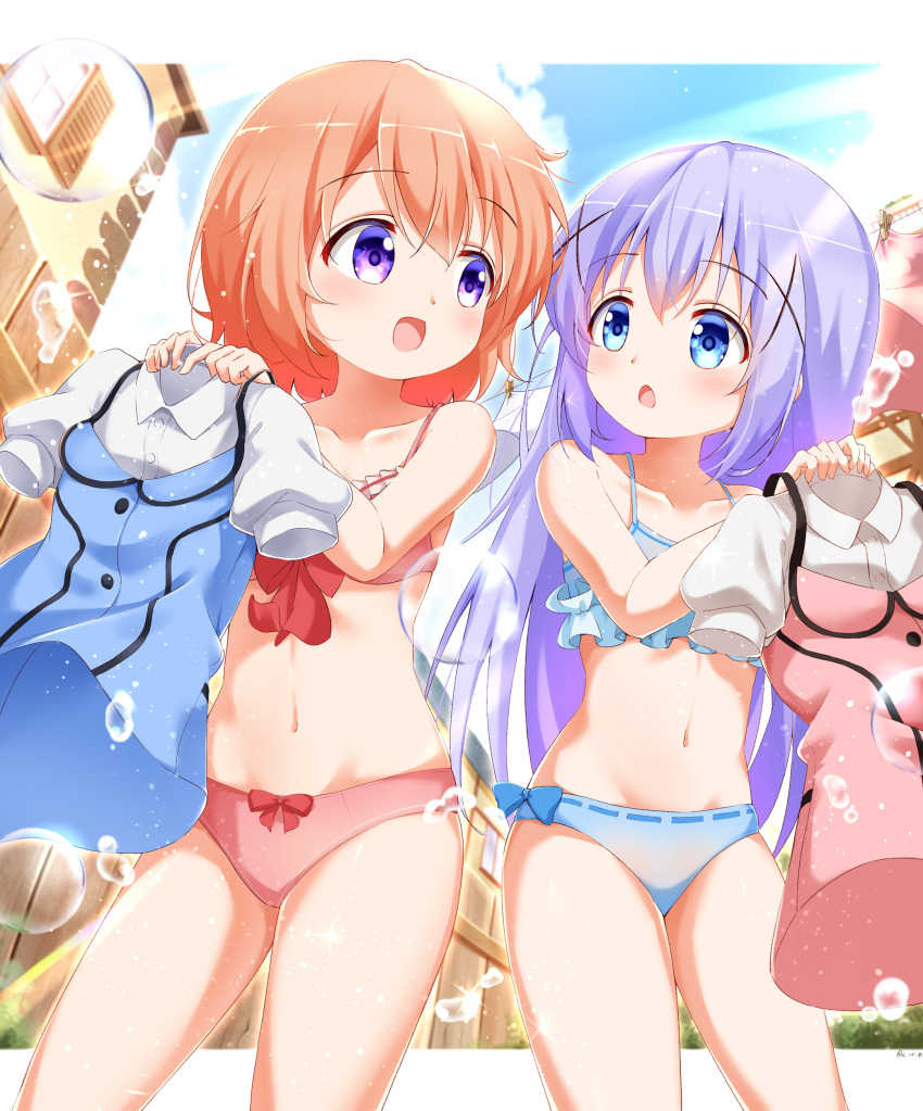 2girls absurdres blue_eyes bow bow_panties bra bubble clothes_removed clothesline cloud collarbone day eye_contact fence gochuumon_wa_usagi_desu_ka? highres hoto_cocoa house kafuu_chino letterboxed light_blue_hair light_blush long_hair looking_at_another multiple_girls navel open_mouth orange_hair outdoors painter-lhb panties purple_eyes rabbit_house_uniform short_hair sky smile sunlight underwear underwear_only very_long_hair window wooden_fence