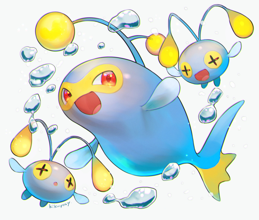 :d air_bubble bubble chinchou commentary_request evolutionary_line gen_2_pokemon grey_background highres kikuyoshi_(tracco) lanturn no_humans open_mouth pokemon pokemon_(creature) red_eyes shiny signature smile tongue