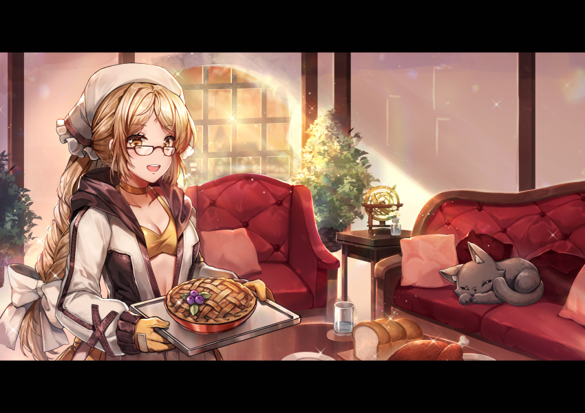 1girl bangs black-framed_eyewear black_cat blonde_hair bow braid braided_ponytail bread breasts brown_gloves cat chicken_(food) cleavage couch eyebrows_visible_through_hair flower food glasses gloves highres holding holding_tray indoors jumpsuit kauedaiprai letterboxed long_hair long_sleeves looking_at_viewer low-tied_long_hair mechanic_(ragnarok_online) official_alternate_costume official_art official_wallpaper open_jumpsuit open_mouth pie pillow plant plate ragnarok_online smile sparkle tray upper_body water white_bow white_flower white_jumpsuit window yellow_eyes