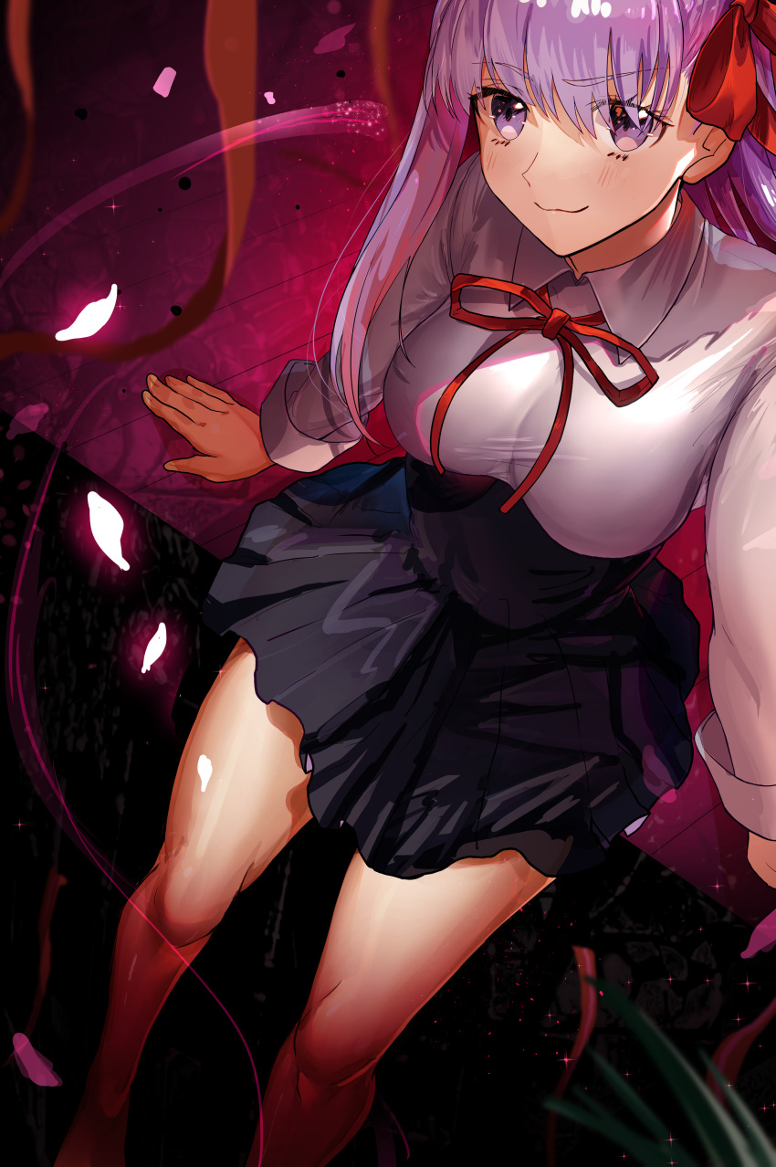 1girl absurdres bb_(fate) black_skirt breasts fate/extra fate/extra_ccc fate_(series) hair_ribbon high-waist_skirt highres large_breasts long_hair long_sleeves neck_ribbon pleated_skirt purple_eyes purple_hair red_ribbon ribbon sanbon_hijiki shirt skirt solo very_long_hair white_shirt