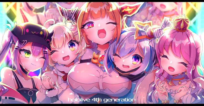 5girls amane_kanata blonde_hair blue_hair bow breasts candy_hair_ornament cleavage colored_inner_hair crescent crescent_earrings crown crying diagonal-striped_bow dragon_girl dragon_horns earrings food-themed_hair_ornament hair_ornament hairclip halo highres himemori_luna holoforce hololive horn_bow horn_ornament horned_headwear horns jewelry kiryu_coco large_breasts letterboxed mini_crown multicolored_hair multiple_girls off_shoulder one_eye_closed open_mouth orange_hair pink_hair purple_eyes sakuramochi_(sakura_frappe) silver_hair small_breasts smile star_halo streaked_hair streaming_tears tears tokoyami_towa tsunomaki_watame twintails two-tone_hair virtual_youtuber