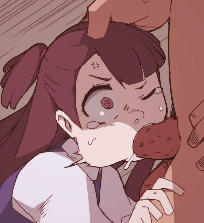 1boy 1girl anger_vein clothed_female_nude_male deepthroat eyebrows eyebrows_visible_through_hair fellatio hand_on_another's_head highres irrumatio kagari_atsuko little_witch_academia long_hair nns_(sobchan) nude oral penis surprised tearing_up tears