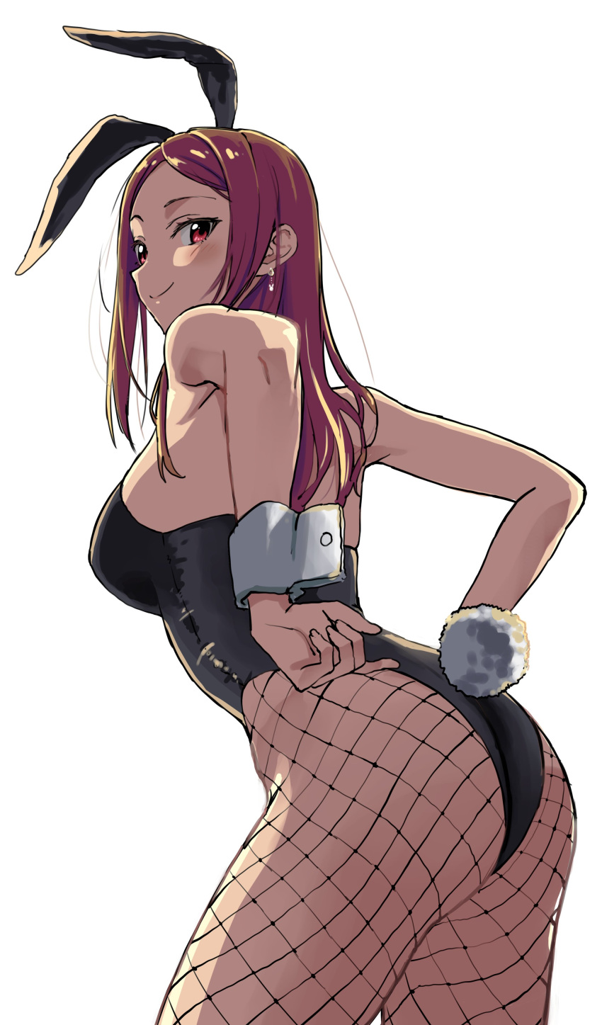 1girl absurdres adjusting_clothes adjusting_leotard animal_ears anno_masato armpits black_leotard blush breasts bunny_day cowboy_shot earrings fishnets from_behind highres jewelry leotard long_hair looking_at_viewer looking_back medium_breasts original pantyhose playboy_bunny rabbit_ears rabbit_tail red_eyes red_hair sideboob sidelocks simple_background skindentation smile solo tail white_background wrist_cuffs